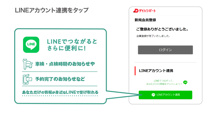 LINEアカウント連携をタップ　LINEでつながるとさらに便利に！
